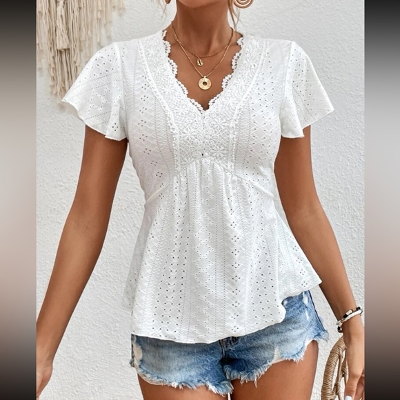 Boho White Eyelet Embroidery Mesh Lace Peplum Top Blouse Shirt - Picture 6 of 7